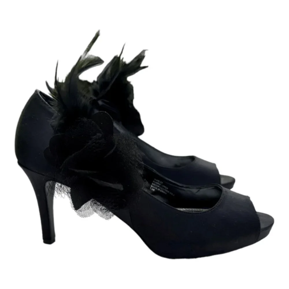 White House Black Market Women's 7.5M Naples Black Fabric Peep Toe Pumps WHBM